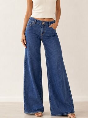 Michael Kors Wide-Leg Low Rise Jeans in Dark Blue Denim